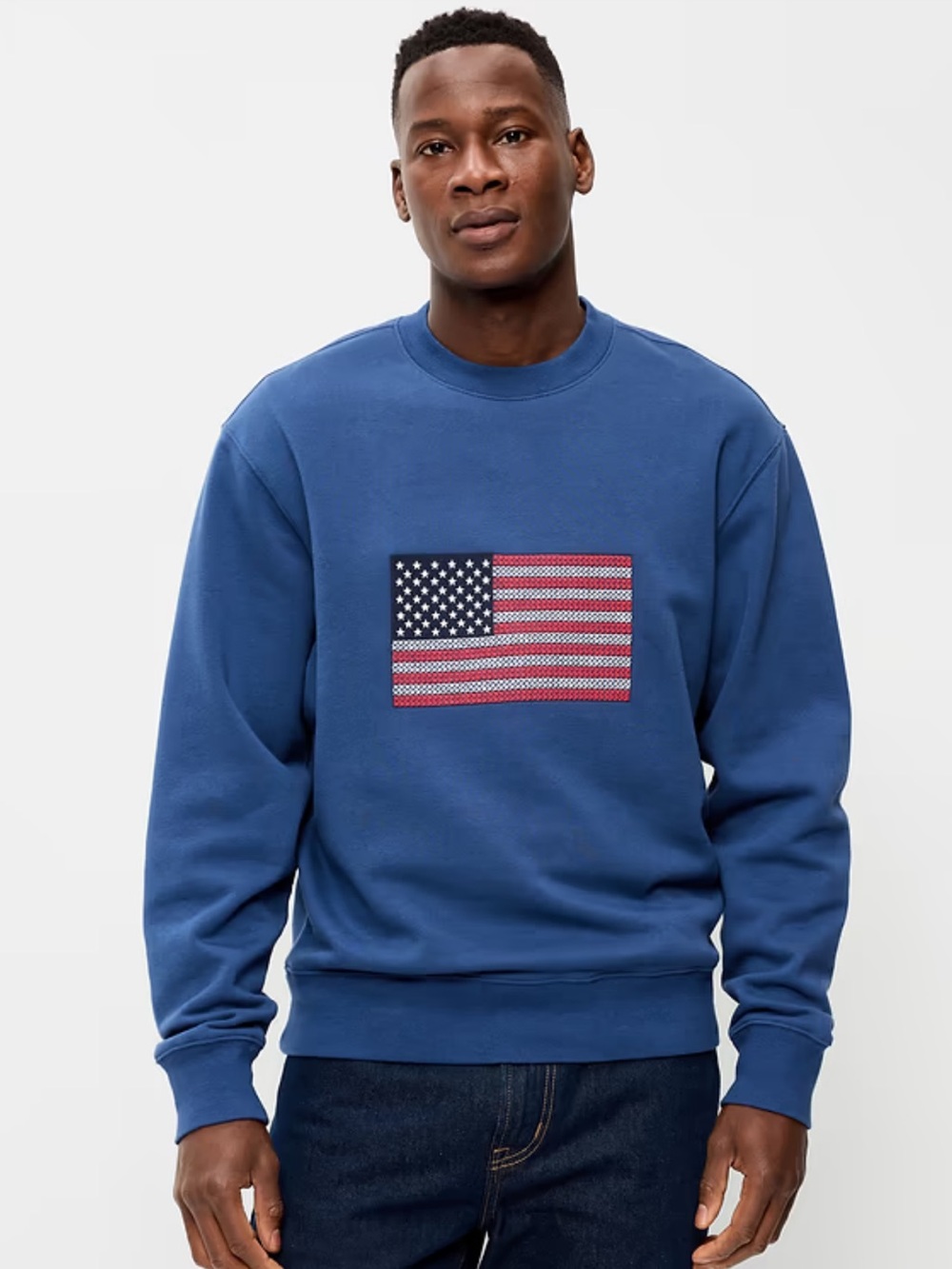 ON Pacific Blue Loose Graphic Front EmbroideredAmerican Flag Crew Fleece Top